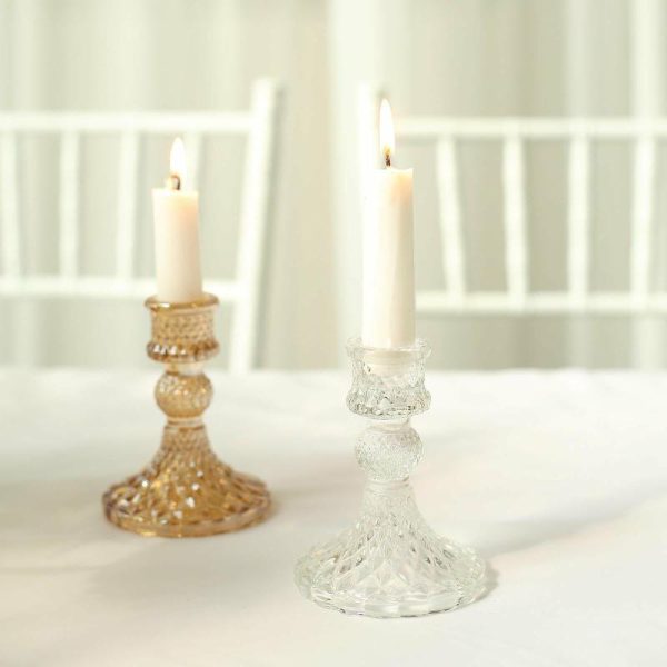 Candelabra & Candle Holders |   6 Pack 4″ Clear Glass Diamond Pattern Taper Candlestick Holders, Reversible Crystal Pillar Votive Candle Stands Chargers & Centerpieces Candelabra & Candle Holders