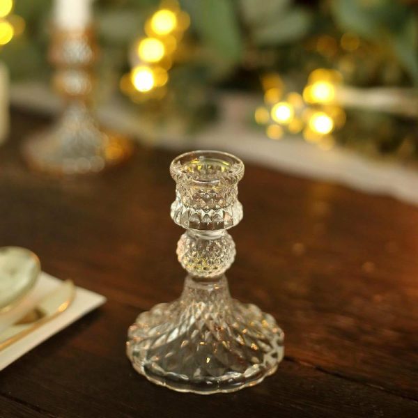 Candelabra & Candle Holders |   6 Pack 4″ Clear Glass Diamond Pattern Taper Candlestick Holders, Reversible Crystal Pillar Votive Candle Stands Chargers & Centerpieces Candelabra & Candle Holders