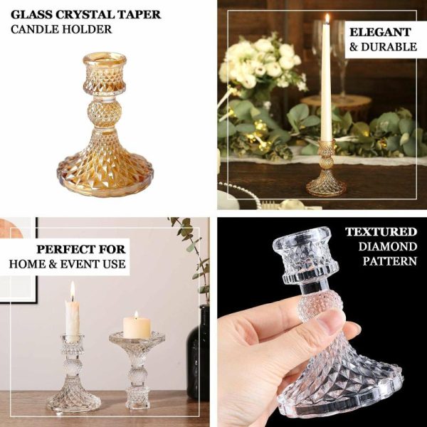 Candelabra & Candle Holders |   6 Pack 4″ Clear Glass Diamond Pattern Taper Candlestick Holders, Reversible Crystal Pillar Votive Candle Stands Chargers & Centerpieces Candelabra & Candle Holders