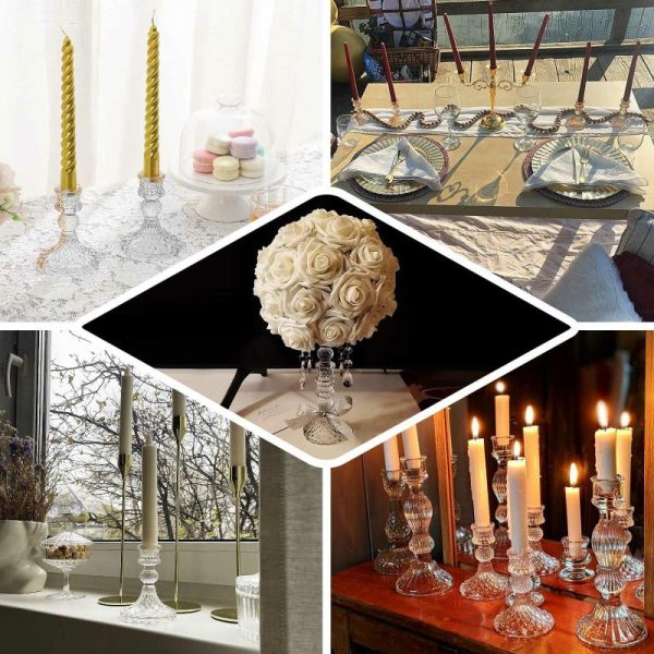 Candelabra & Candle Holders |   6 Pack 4″ Clear Glass Diamond Pattern Taper Candlestick Holders, Reversible Crystal Pillar Votive Candle Stands Chargers & Centerpieces Candelabra & Candle Holders