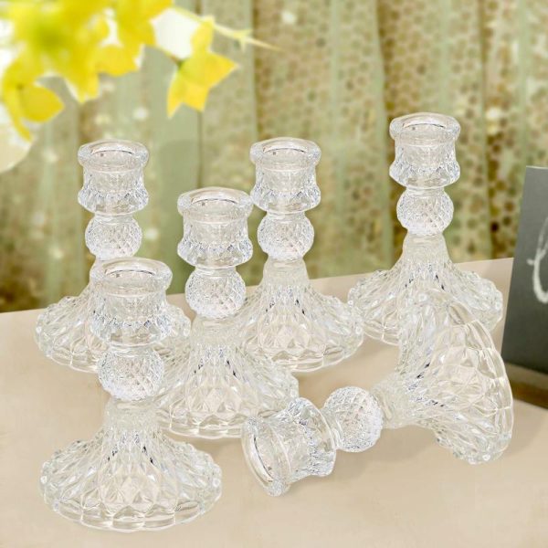 Candelabra & Candle Holders |   6 Pack 4″ Clear Glass Diamond Pattern Taper Candlestick Holders, Reversible Crystal Pillar Votive Candle Stands Chargers & Centerpieces Candelabra & Candle Holders