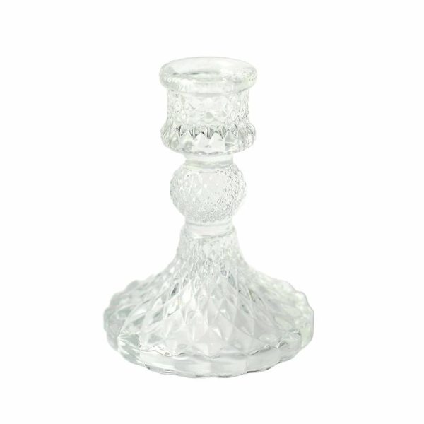 Candelabra & Candle Holders |   6 Pack 4″ Clear Glass Diamond Pattern Taper Candlestick Holders, Reversible Crystal Pillar Votive Candle Stands Chargers & Centerpieces Candelabra & Candle Holders