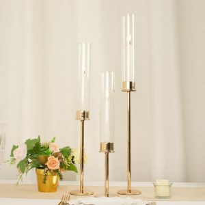 Candelabra & Candle Holders |   Set of 3 Gold Metal Clear Glass Hurricane Candle Stands, Taper Candlestick Holders With Glass Chimney Candle Shades – 16″, 20″, 24″ Candelabra & Candle Holders Candelabra & Candle Holders