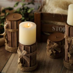 Candelabra & Candle Holders |   Set of 4 Assorted Wooden Pillar Candle Holder Set With Braided Twines Burlap Ribbons and Hanging Stars – 8″ 7″ 5″ 4″ Candelabra & Candle Holders Candelabra & Candle Holders