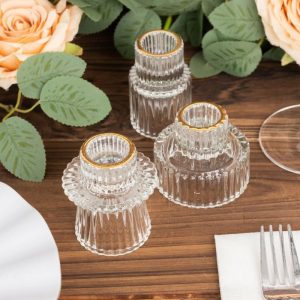 Candelabra & Candle Holders |   Set of 6 Clear Ribbed Crystal Glass 3″ Taper Candle Holders With Gold Rim, Reversible Mini Votive Tealight Candle Stands Candelabra & Candle Holders Candelabra & Candle Holders