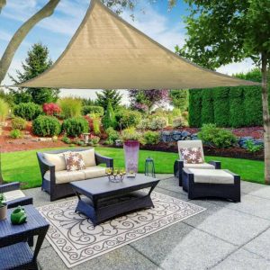 Ceiling Décor |   20ft Tan Triangular UV Blocking Sun Shade Sail, Hanging Patio Canopy Backdrop Stand Ceiling Drapes Ceiling Décor