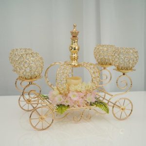 Centerpiece Stands |   18″ Gold Metal 4-Arm Crystal Cinderella Carriage Candle Holder Centerpiece Centerpiece Stands Centerpiece Stands