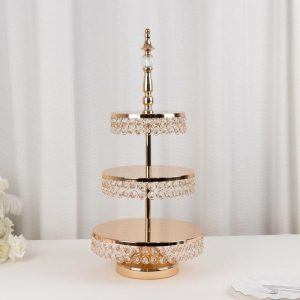 Centerpiece Stands |   3-Tier Crystal Beaded Gold Metal Cupcake Stand Tower, 26″ Tall Cake Dessert Display Stand with Round Mirror Top Centerpiece Stands Centerpiece Stands