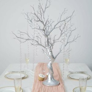 Centerpiece Stands |   34″ Metallic Silver Manzanita Centerpiece Tree + 8 Acrylic Bead Chains Centerpiece Stands Centerpiece Stands