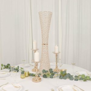 Centerpiece Stands |   36″ Metallic Gold and Crystal Beaded Hurricane Floral Vase Centerpiece Centerpiece Stands Centerpiece Stands