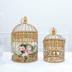 Centerpiece Stands |   Set of 2 Metallic Gold Wrought Iron Bird Cage Card Holders – 9″ 13″ Centerpiece Stands Centerpiece Stands