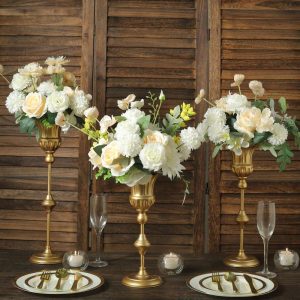 Centerpiece Stands |   Set of 3 Metallic Gold Vintage Style Flute Table Vases, Trumpet Flower Centerpiece Stands – 13″,16″,19″ Centerpiece Stands Centerpiece Stands