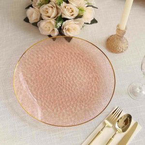 Chargers & Placemats |   10 Pack Transparent Blush Hammered Economy Plastic Charger Plates With Gold Rim, 13″ Round Dinner Chargers Event Tabletop Decor Chargers & Centerpieces Chargers & Placemats