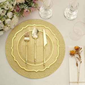 Chargers & Placemats |   20 Pack 13″ Gold Glitter Round Disposable Dining Placemats, Decorative Paper Table Mats – 210 GSM Chargers & Centerpieces Chargers & Placemats