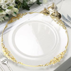 Chargers & Placemats |   6 Pack 13″ Clear Gold Embossed Baroque Round Charger Plates With Antique Design Rim Chargers & Centerpieces Chargers & Placemats