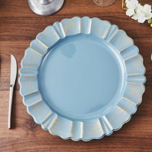 Chargers & Placemats |   6 Pack 13″ Round Dusty Blue Acrylic Plastic Charger Plates With Gold Brushed Wavy Scalloped Rim Chargers & Centerpieces Chargers & Placemats