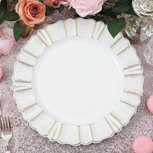 Chargers & Placemats |   6 Pack 13″ Round White Acrylic Plastic Charger Plates With Gold Brushed Wavy Scalloped Rim Chargers & Centerpieces Chargers & Placemats