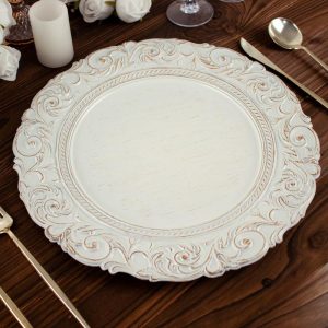 Chargers & Placemats |   6 Pack 14″ Antique White Gold Vintage Plastic Charger Plates With Engraved Baroque Rim, Round Disposable Serving Trays Chargers & Centerpieces Chargers & Placemats