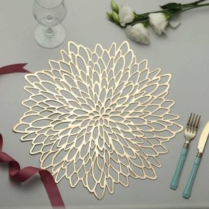 Chargers & Placemats |   6 Pack 15″ Gold Decorative Floral Vinyl Placemats, Non-Slip Round Dining Table Mats Chargers & Centerpieces Chargers & Placemats