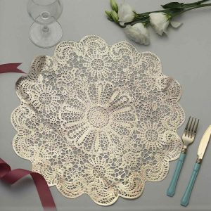 Chargers & Placemats |   6 Pack 15″ Gold Vintage Floral Lace Vinyl Placemats, Non-Slip Dining Table Mats Chargers & Centerpieces Chargers & Placemats