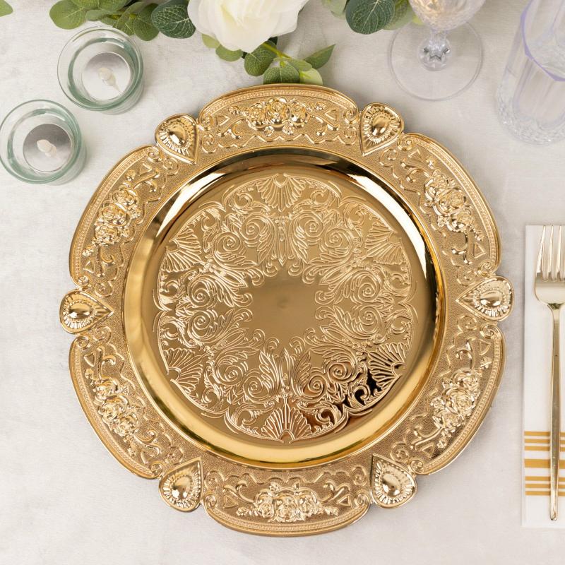 Chargers & Placemats |   6 Pack Gold Round Acrylic Charger Plates With Floral Embossed Scalloped Rim, 13″ Unbreakable Plastic Decorative Serving Plates Chargers & Centerpieces Chargers & Placemats