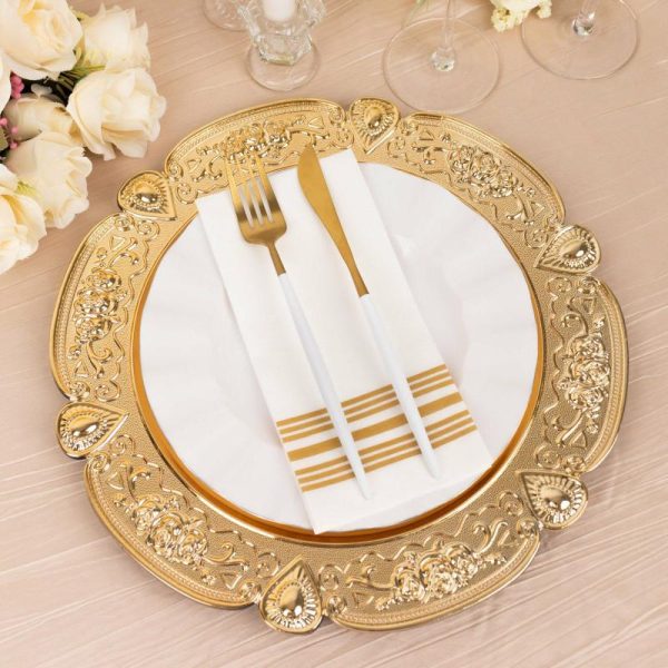 Chargers & Placemats |   6 Pack Gold Round Acrylic Charger Plates With Floral Embossed Scalloped Rim, 13″ Unbreakable Plastic Decorative Serving Plates Chargers & Centerpieces Chargers & Placemats