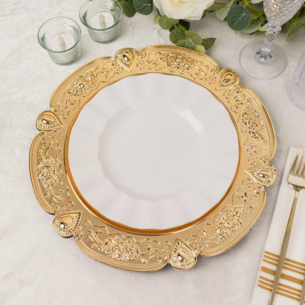 Chargers & Placemats |   6 Pack Gold Round Acrylic Charger Plates With Floral Embossed Scalloped Rim, 13″ Unbreakable Plastic Decorative Serving Plates Chargers & Centerpieces Chargers & Placemats