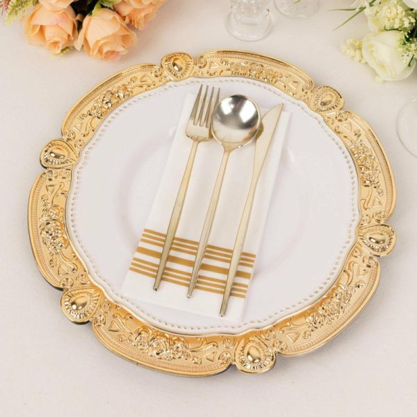 Chargers & Placemats |   6 Pack Gold Round Acrylic Charger Plates With Floral Embossed Scalloped Rim, 13″ Unbreakable Plastic Decorative Serving Plates Chargers & Centerpieces Chargers & Placemats