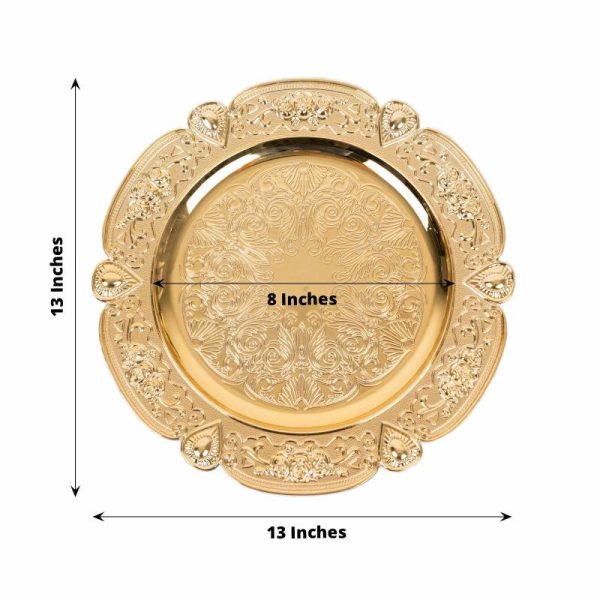 Chargers & Placemats |   6 Pack Gold Round Acrylic Charger Plates With Floral Embossed Scalloped Rim, 13″ Unbreakable Plastic Decorative Serving Plates Chargers & Centerpieces Chargers & Placemats