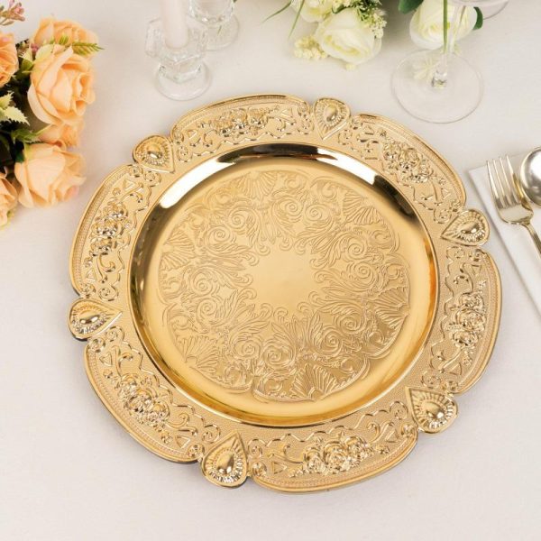 Chargers & Placemats |   6 Pack Gold Round Acrylic Charger Plates With Floral Embossed Scalloped Rim, 13″ Unbreakable Plastic Decorative Serving Plates Chargers & Centerpieces Chargers & Placemats