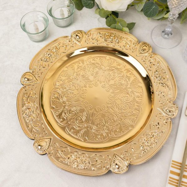 Chargers & Placemats |   6 Pack Gold Round Acrylic Charger Plates With Floral Embossed Scalloped Rim, 13″ Unbreakable Plastic Decorative Serving Plates Chargers & Centerpieces Chargers & Placemats