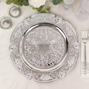 Chargers & Placemats |   6 Pack Silver Round Acrylic Charger Plates With Floral Embossed Scalloped Rim, 13″ Unbreakable Plastic Decorative Serving Plates Chargers & Centerpieces Chargers & Placemats