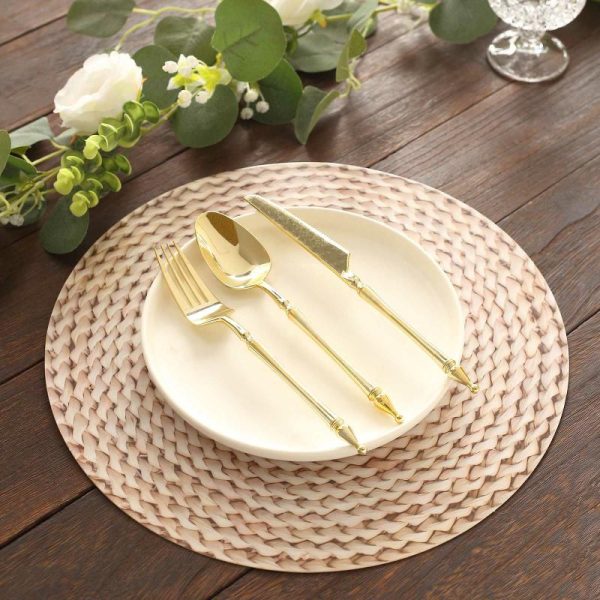 Chargers & Placemats |   6 Pack Wheat Woven Rattan Print Disposable Dining Table Mats, 13″ Round Cardstock Paper Placemats – 700 GSM Chargers & Centerpieces Beige