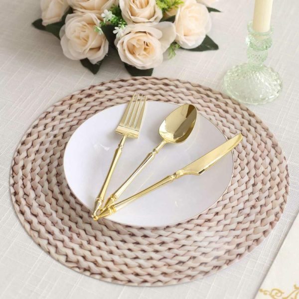 Chargers & Placemats |   6 Pack Wheat Woven Rattan Print Disposable Dining Table Mats, 13″ Round Cardstock Paper Placemats – 700 GSM Chargers & Centerpieces Beige