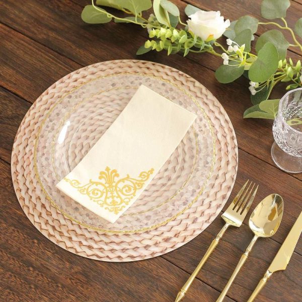 Chargers & Placemats |   6 Pack Wheat Woven Rattan Print Disposable Dining Table Mats, 13″ Round Cardstock Paper Placemats – 700 GSM Chargers & Centerpieces Beige