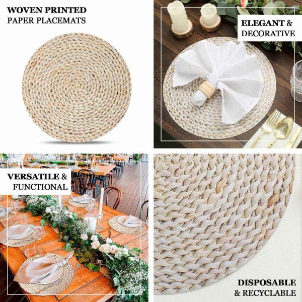 Chargers & Placemats |   6 Pack Wheat Woven Rattan Print Disposable Dining Table Mats, 13″ Round Cardstock Paper Placemats – 700 GSM Chargers & Centerpieces Beige