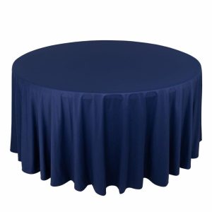 Commercial Grade Table Linens |   120″ Navy Blue Premium Scuba Wrinkle Free Round Tablecloth, Seamless Scuba Polyester Tablecloth for 5 Foot Table With Floor-Length Drop Professional-Grade Commercial Grade Table Linens