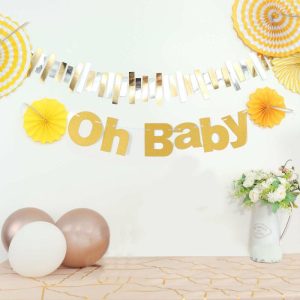 Decoration Kit |   3ft Gold Glittered Oh Baby Paper Hanging Baby Shower Garland Banner Decoration Kit Decoration Kit