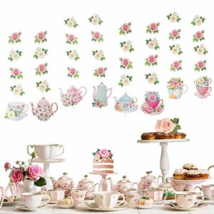 Decoration Kit |   8 Pack Double Sided Floral Tea Party Paper Garland, 40″ Pre-Assembled Mixed Teapot Banner Hanging Decorations Decoration Kit Decoration Kit