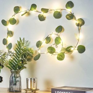 Decorative Lights |   7ft 20 LED Green Silk Eucalyptus Leaf Garland Vine String Lights, Warm White Battery Operated Decorative Lights Decorative Lights