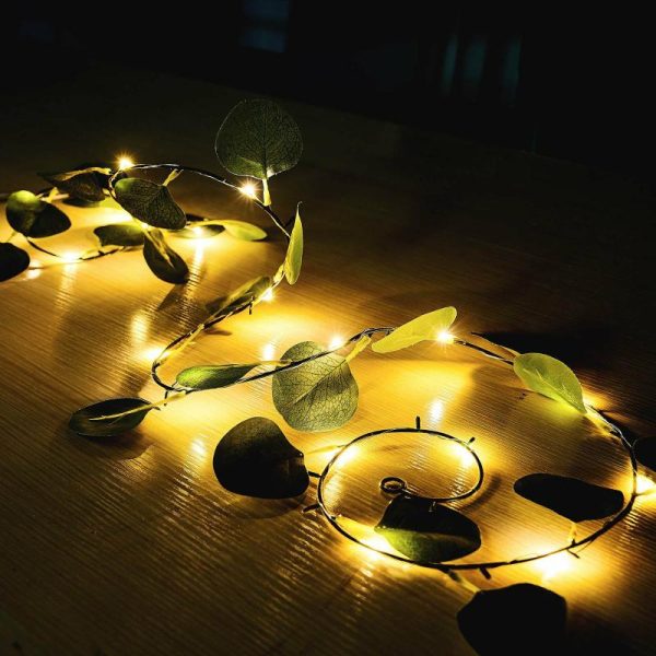 Decorative Lights |   7ft 20 LED Green Silk Eucalyptus Leaf Garland Vine String Lights, Warm White Battery Operated Decorative Lights Decorative Lights