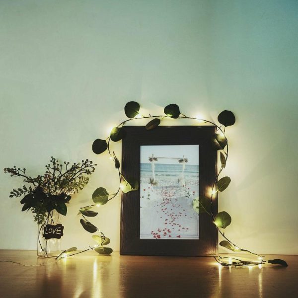 Decorative Lights |   7ft 20 LED Green Silk Eucalyptus Leaf Garland Vine String Lights, Warm White Battery Operated Decorative Lights Decorative Lights