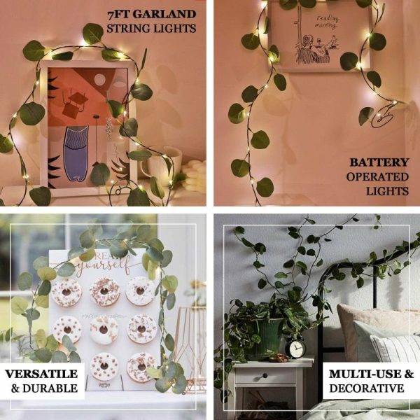 Decorative Lights |   7ft 20 LED Green Silk Eucalyptus Leaf Garland Vine String Lights, Warm White Battery Operated Decorative Lights Decorative Lights