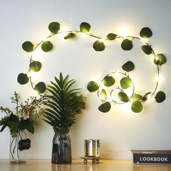 Decorative Lights |   7ft 20 LED Green Silk Eucalyptus Leaf Garland Vine String Lights, Warm White Battery Operated Decorative Lights Decorative Lights