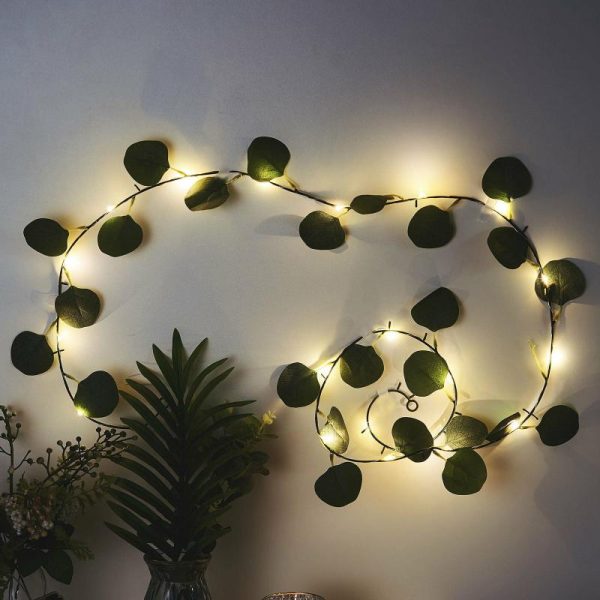 Decorative Lights |   7ft 20 LED Green Silk Eucalyptus Leaf Garland Vine String Lights, Warm White Battery Operated Decorative Lights Decorative Lights