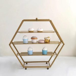 Display Racks & Pillars |   21″ Matte Gold Metal 3-Tier Cupcake Stand, Hexagon Dessert Holder, Appetizer Display Display Racks & Pillars Display Racks & Pillars