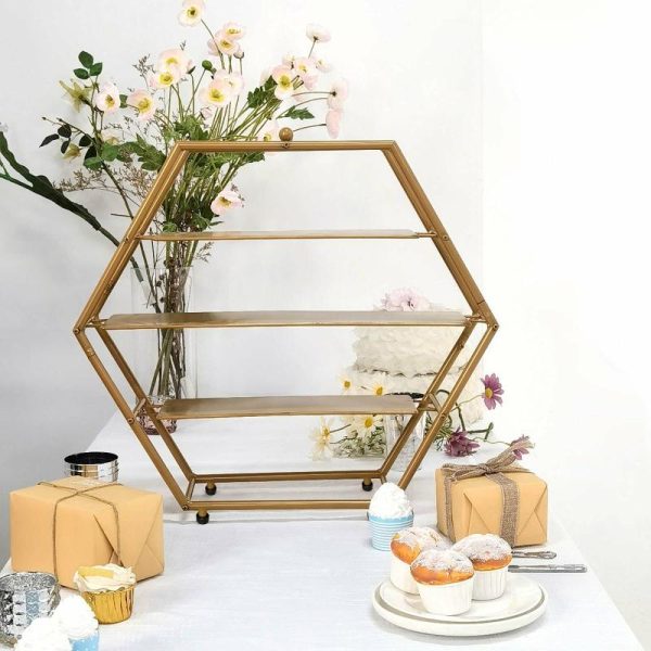 Display Racks & Pillars |   21″ Matte Gold Metal 3-Tier Cupcake Stand, Hexagon Dessert Holder, Appetizer Display Display Racks & Pillars Display Racks & Pillars