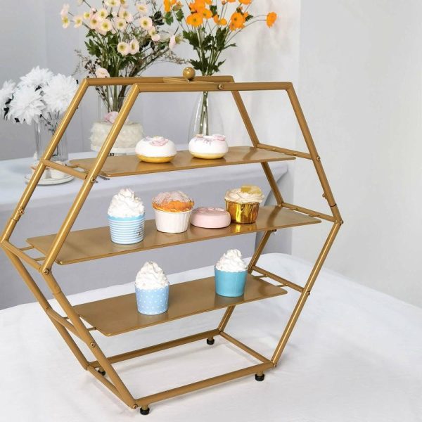 Display Racks & Pillars |   21″ Matte Gold Metal 3-Tier Cupcake Stand, Hexagon Dessert Holder, Appetizer Display Display Racks & Pillars Display Racks & Pillars