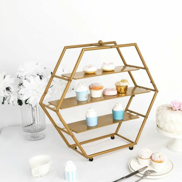 Display Racks & Pillars |   21″ Matte Gold Metal 3-Tier Cupcake Stand, Hexagon Dessert Holder, Appetizer Display Display Racks & Pillars Display Racks & Pillars