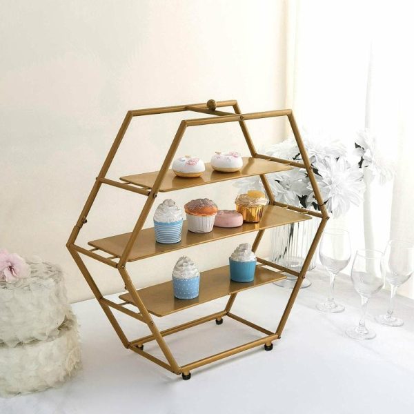 Display Racks & Pillars |   21″ Matte Gold Metal 3-Tier Cupcake Stand, Hexagon Dessert Holder, Appetizer Display Display Racks & Pillars Display Racks & Pillars